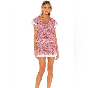MISA Los Angeles Lilian Floral Pink Ruffle Mini Dress Barbiecore Cottage Large